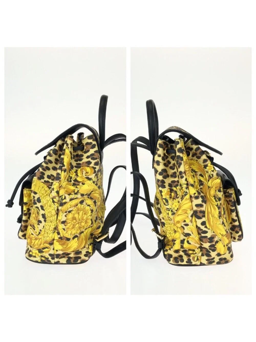 Versace Vintage Baroque Pattern Yellow Black Gold Leather Backpack
